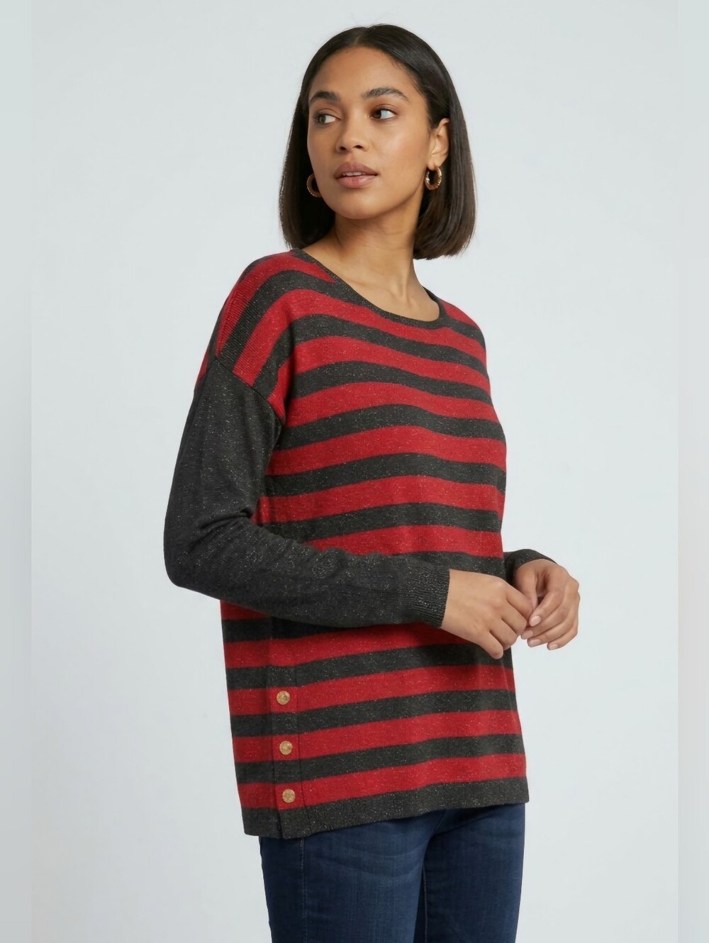 Dana Buchman Red Black Metallic Stripe Gold Button Knit Sweater Top L Holiday